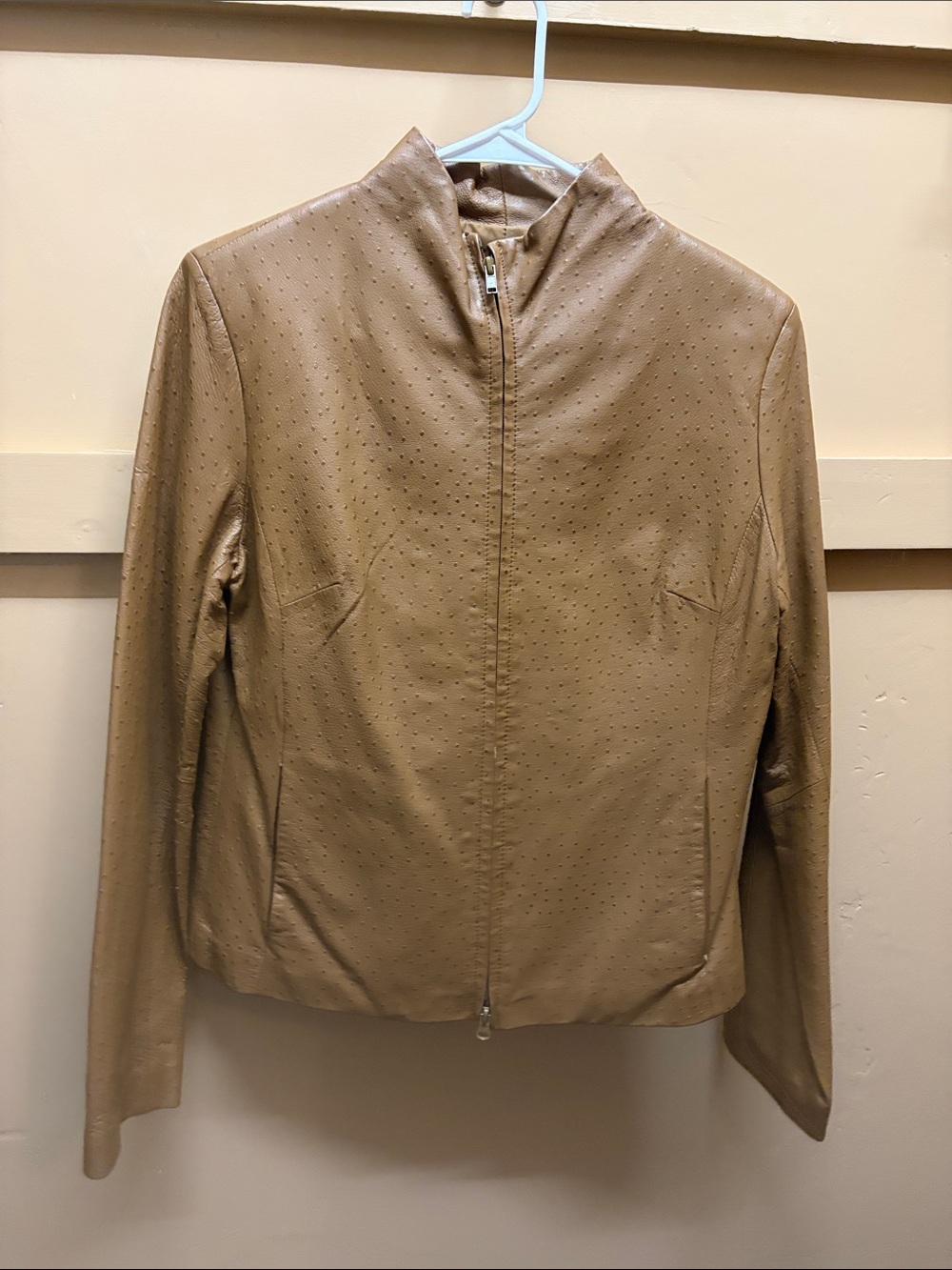 Express Perforated Faux Leather Jacket in Tan